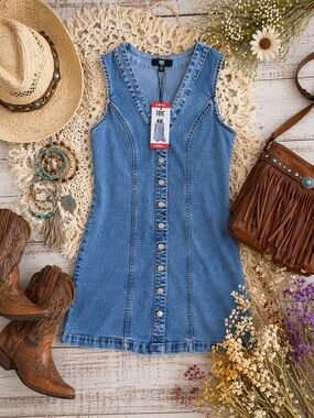 Frye Denim Mini Dress XS Button Front Sleeveless V-Neck Blue Jean Dress NWT